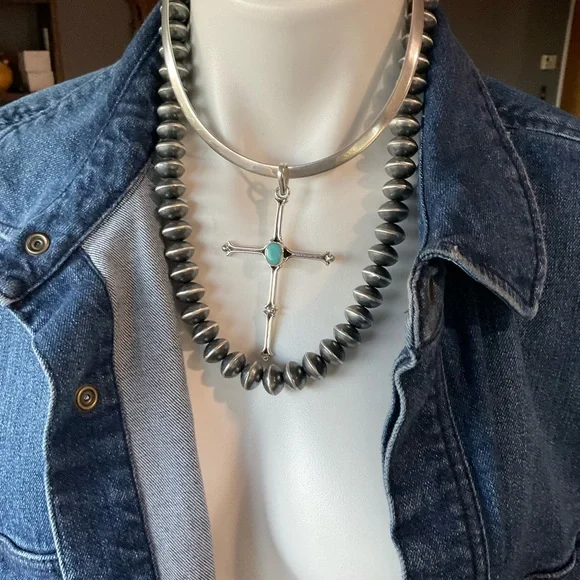 Taxco Silver Cross Necklace with Turquoise Center Stone - Picture 7 of 13